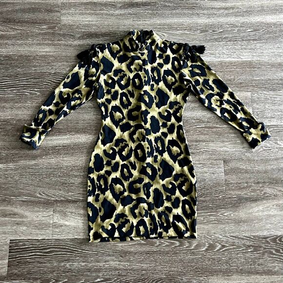 80s Vintage Luciano Pavarotti Olive Leopard Print Dress Tassel Italy US 8 RARE - Picture 3 of 14